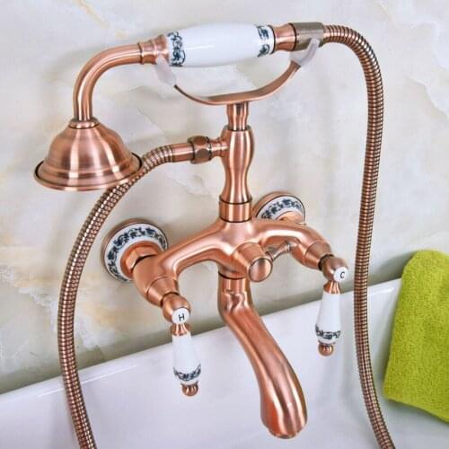 Antique Red Copper Brass Double Ceramic Handles Wall Mounted Bathroom Clawfoot Bathtub Tub Faucet Mixer Tap w/Hand Shower ana315