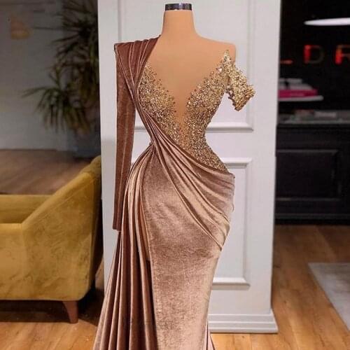 Velvet Prom Dresses Long Sleeve Appliques Beading Illusion Neckline Robes De Soirée Pleat High Side Split Mermaid Evening Dress