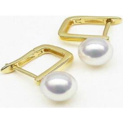 Free shipping noble jewelry Elegant 5.5-6mm Round White Real Pearl Earrings 14K Solid Yellow Gold AAA