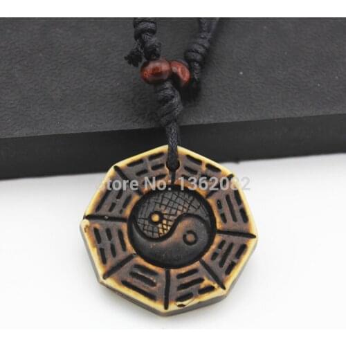 Yak Bone Powder Carving Taoist Tai Chi Two Sided Yin and Yang Gossip Pendant Adjustable Necklace Gift MN231
