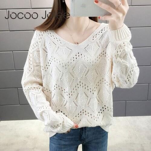 Jocoo Jolee Elegant V Neck Hollow Out Sweater Casual Solid Loose Pullover Knitting Jumper Autumn Light Sweater Harajuku Top