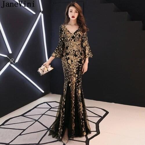 JaneVini Designer Gold Sequined Mermaid Evening Dresses Long Sleeve Women Luxury V Neck Black Christmas Dress Formal Party Gowns