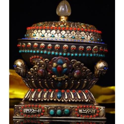 Chinese temple collection Old Tibetan silver Tracing mosaic Gem Dzi Bead Gabala Bowl Dragon statue Skull set Town House Exorcism