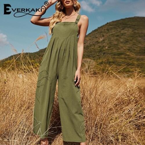 Everkaki Boho Jumpsuits Women Rompers Summer Beach Cotton Green Sleeveless with Pockets Rompers Jumpsuits Female 2021 Clothing