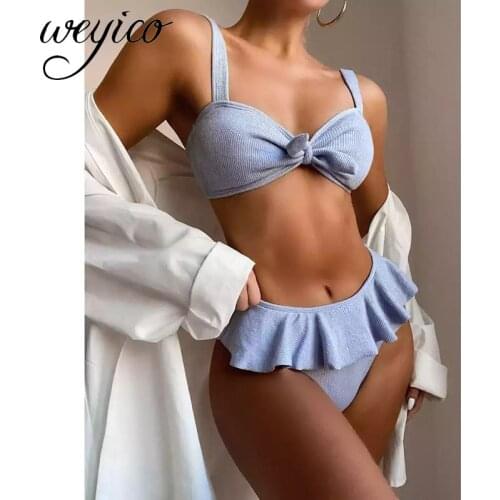 Bikini Set New Ruffled Knotted Women Swimwear Two Piece Bathing Suits High Waist Bodysuit Ribbed Beachwear Sexy Biquini Swimsuit