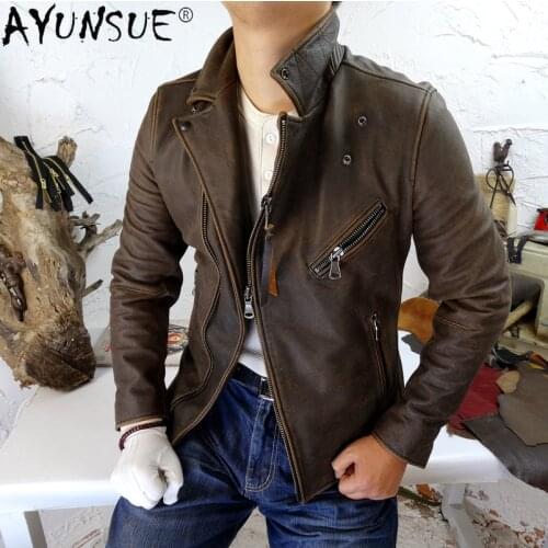 AYUNSUE Vintage Genuine Leather Jacket Men Clothes Spring Autumn 2021 Motorcycle Cowhide Coat Plus Size 4xl Chaquetas Hombre