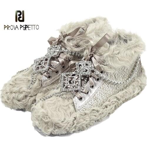 2021 Autumn and Winter New Lamb Hair Leather Stitching Rhinestone Chain Ribbon Cross Straps To Keep Warm and Fluffy Shoes