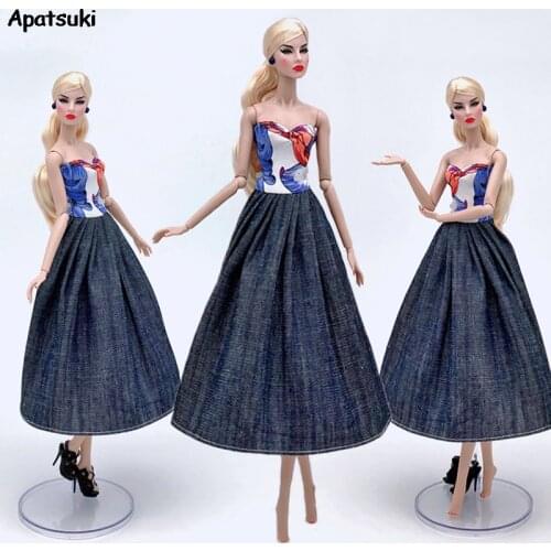 1pc Blue Off-Shoulder Office Long Dress for Barbie Doll Outfits Evening Party Club Gown Dresses for Barbie Dollhouse Accessories