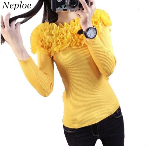Neploe Autumn Fashion Knitted Sweater 2021 New Slim Slash Neck Sweater Wild Lace Flowers Pullover Sweater Woman Tops 65736