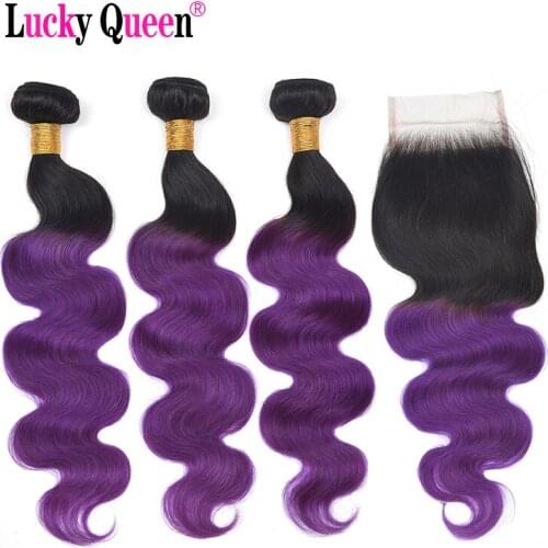 Ombre Human Hair Bundles With Closure 1B Purple 100% remy hair 3 Bundles Brazilian Body Wave With Closure Lucky Queen Hair