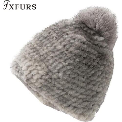 2020 New Knitted Mink Fur Hats Women Winter Real Fur Beanies Cap Fox Fur Balls Brand Thick Female Cap Elastic Soft HeadWear Fur