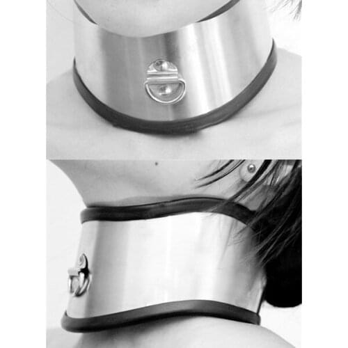 Stainless Steel Neck Collar Lockable Chastity Belt BDSM Suffocation Restraint Posture Neck Ring Belt Traction Chain Sex Toy