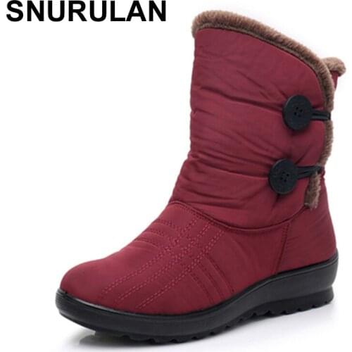 SNURULAN Winter Fashion Waterproof Wedge Platform Women Boots Mother Ankle Boots Womens Slip On Flats Warm Snow Boots ShoesE001