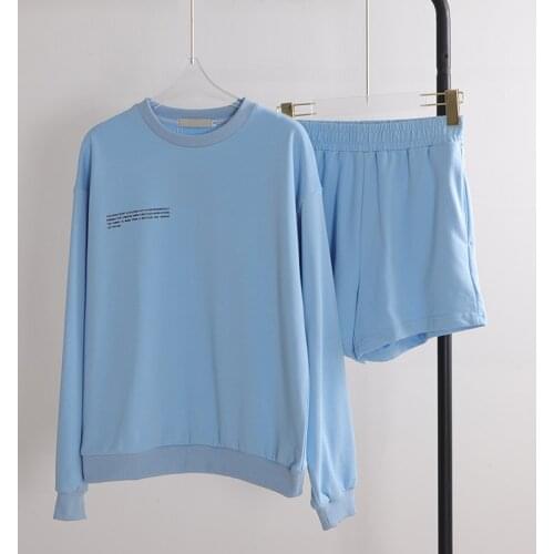 Crewneck Sweatshirt+Shorts Two Piece Set Men 100% Cotton Long Sleeve Track Suit New Spring Solid Casual Plus Couple Clothing