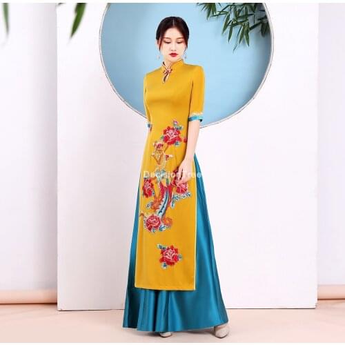 2021 traditional vietnam ao dai chinese dress qipao for women flower embroidery cheongsam dress ethnic style costume aodai dress