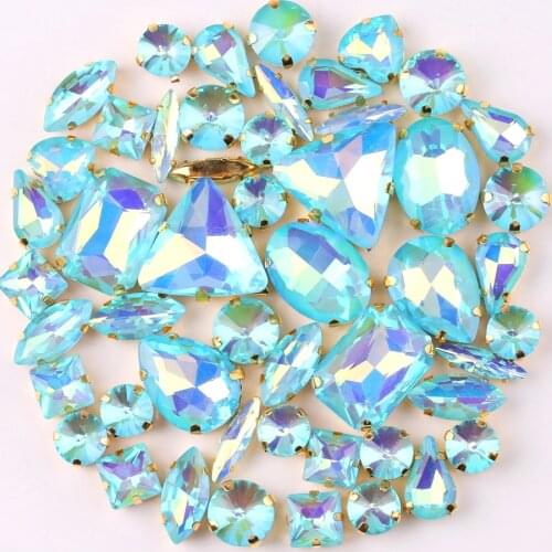 Gold claw setting 50pcs/bag shapes mix jelly candy Aquamarine AB glass crystal sew on rhinestone wedding dress shoes bags diy