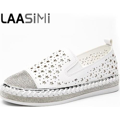 LAASIMI Star Shaped Hollow Out Woman Flats PU Leather Casual Female Shoes Summer Casual Ladies Shoes Crystal Decorated