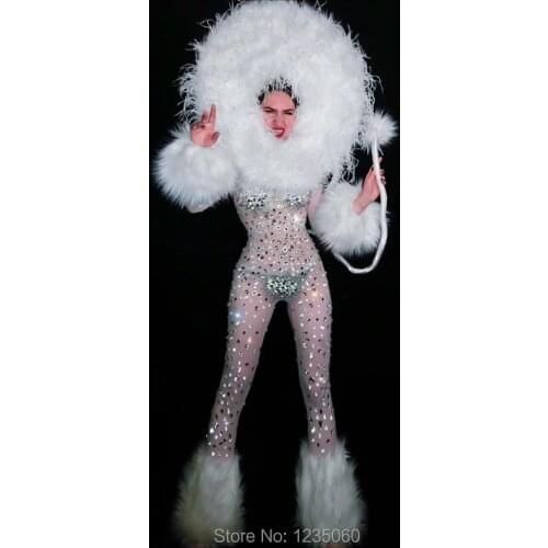 Silver Big Stones Feather See Through Jumpsuit Women Singer Dance Bar Cosplay Rhinestones Outfit Prom Party Outfit