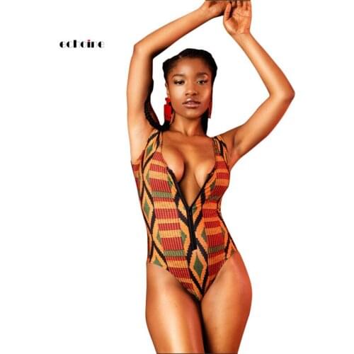 Echoine Women Sexy Jumpsuit Geometric Print Hollow Out Cross Lace Up Ethnic Style Plus Size Bodysuit Swimsuits Backless Rompers