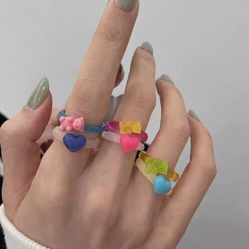 VSnow Cute Funny Multicolor Acrylic Bear Love Heart Ring for Women Statement Contrasted Index Finger Ring Jewelry Accessories