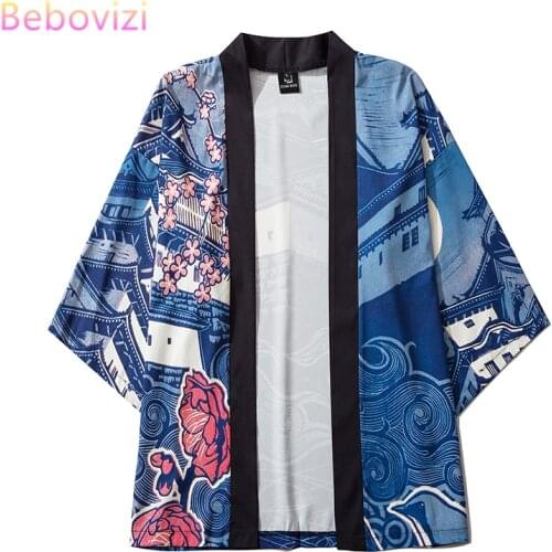 M-XXL Blue Casual Japanese Style Harajuku Kimono Cosplay for Mens Women Streetwear Robe Japan Cardigan Top Yukata Haori Clothes