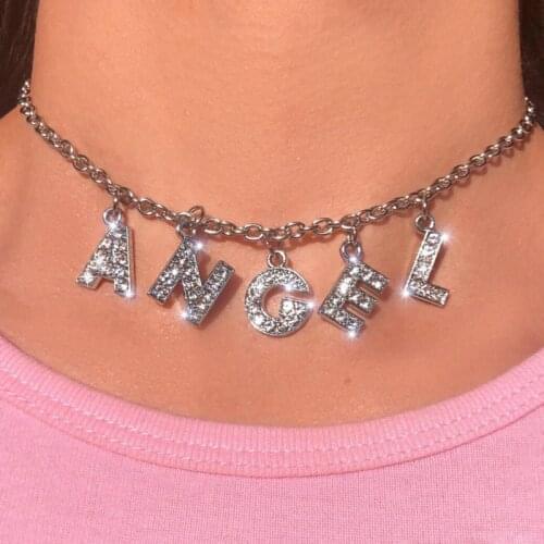 Kpop Gothic Style Streetwear Angel Letter Word Pendant Necklace Women Neck Chain Couple Pendants Choker Jewelry 2021 Goth Collar