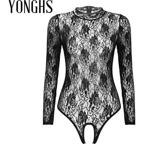 Womens Lingerie See-Through Lace Bodysuit Floral Pattern Stand Collar Long Sleeve Back Zipper Crotchless Leotard Sexy Nightwear