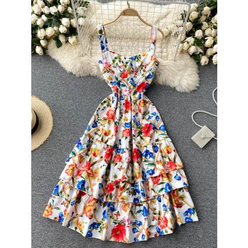 Sling Vestidos Womens Summer Dress 2021 New Temperament Square Neck Multi-layer Ruffled Floral Midi Dress GL198