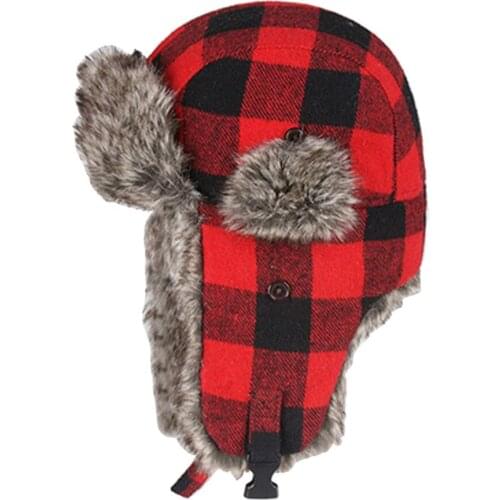 Winter Hats For Mens Bomber Hat Fur Red Warm Earflap Cap Windproof Women Thicker Plaid Russian Ushanka Hat Black Blue