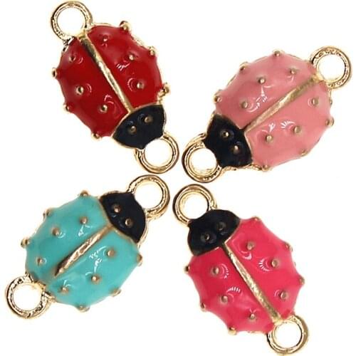 10pcs/lot Cute Insect Enamel Double Ring Ladybug Charm Pendant For Earrings Necklace Bracelet DIY Jewelry Making Findings XL1057