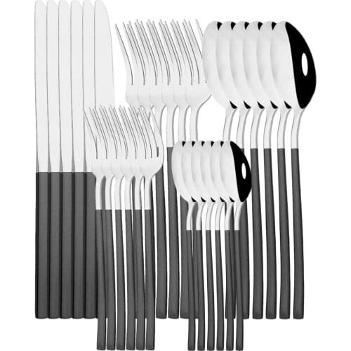 6/30cs Black Silver Cutlery Set Stainless Steel Dinnerware Knife Fork Spoon Dinner Tableware Kitchen Flatware Silverware Set