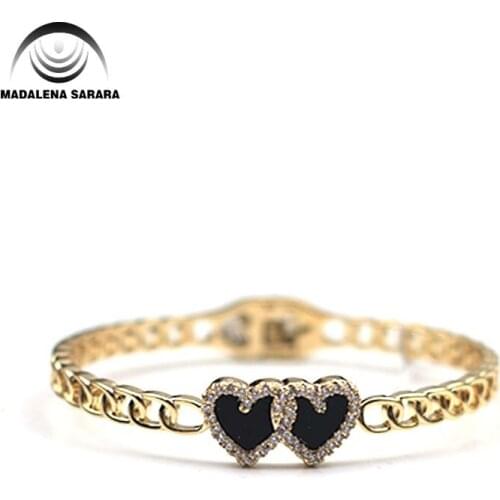MADALENA SARARA AAA Zircon Inlaid Bangle Girls Copper Gold Tone Bracelet Double Heart Style So Cute For Gift