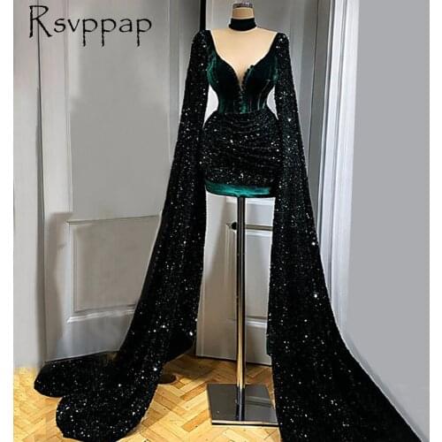 Long Sparkly Evening Dresses 2020 V-neck Cap Sleeve Black Sequin Dubai Women Green Formal Party Evening Gowns