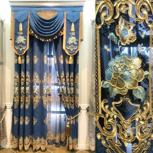 Blue Water Soluble Yarn Embroidered Decorative Curtains For Living Room Luxury Embroidered Voile Drapes Curtain Bedroom Window