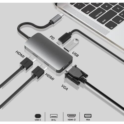KuWFi 5 in 1 USB HUB Type-C HUB Docking Type-C to USB 3.0 HDMI VGA PD Adapter for MacBook Pro/Laptop