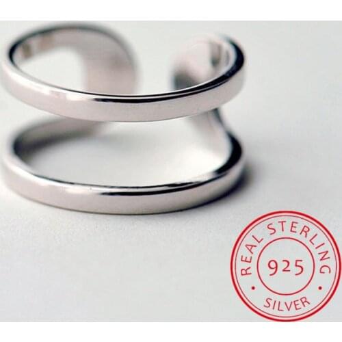 Minimalist Geometric Double line Adjustable Ring Genuine 925 Sterling Silver Trendy Fine Jewelry For Charm Women Bijoux