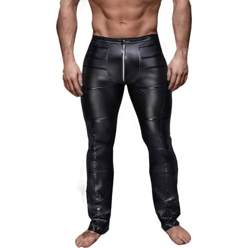 Mens Faux Leather Front Zipper Fly Tight Pants Plus Size M-2XL Mens Wetlook Leggings PVC Long Trousers Club Fetish Underwear