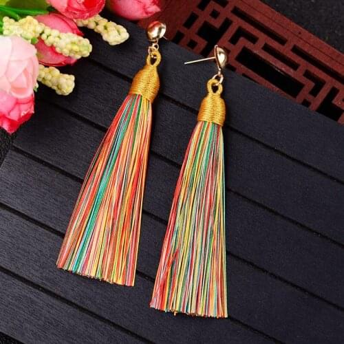 TopHanqi Colorful Cloth Long Tassel Earrings For Women Handmade Zinc Alloy Bohemian Ethnic Dangling Earrings Fringed Jewellery