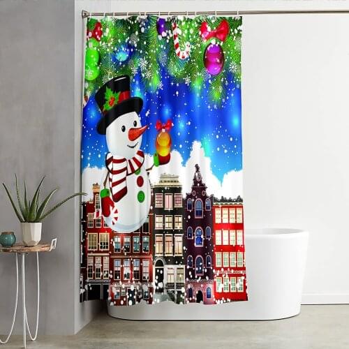 Christmas Snowman Printing Shower Curtain Waterproof Fabric Washable Home Hook Accessories