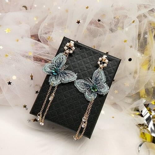 Fairy Pink Green Gold Embroidered Butterfly Earrings Crystal Long Tassel Earrings Insect Wing Earrings Korean Bridal Jewelry