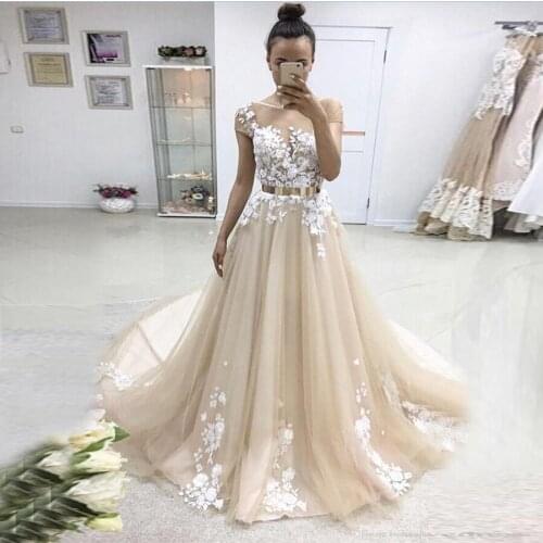 A-Line Ivory Lace Appliqued Gold Metal Sash Cap Sleeves Champagne Wedding Dress Sheer Tulle Bridal Gowns