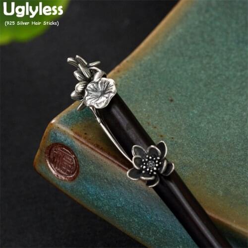 Uglyless Natural Wood Sandalwood Ethnic Hair Sticks for Women Thai Silver Lotus Flower Leaf Hair Decorations 925 Silver Forks