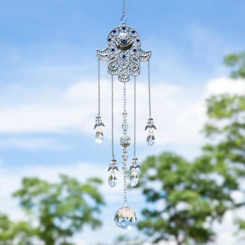 H&D Hamsa Hand with Blue Evil Eye Protection Ornament Hanging Crystal Suncatcher Rainbow Maker Flying Angel Charm for Home Decor