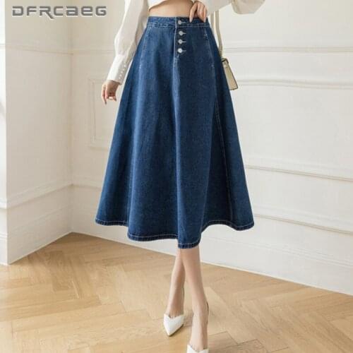 Deep Blue Single-Breasted Denim Skater Long Skirts Women 2021 High Waist Streetwear Boyfriend Retro Pleated Jeans Skirt Femme