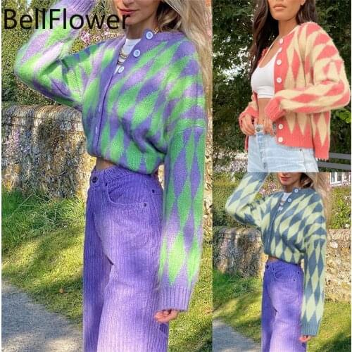 Diamond Lattice Cropped Cardigan Fall 2020 Women Blue Sweater Button Single Breasted O-Neck Casual Women Winter Sweater Clothes