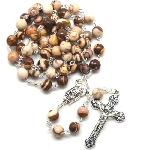 Zebra Stone Beaded Catholic Rosary 8 mm Round Bead Religious Necklaces