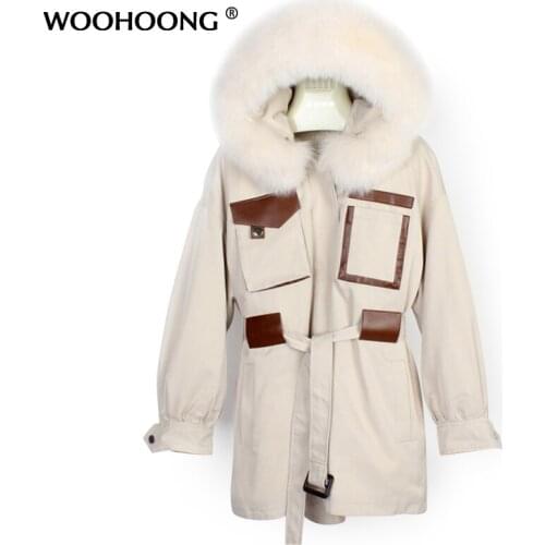Winter New Style Natural Fox Fur Collar Hat Belt Womens Coat Real Fur Coat Rex Rabbit Liner Removable Ladies Tooling Style