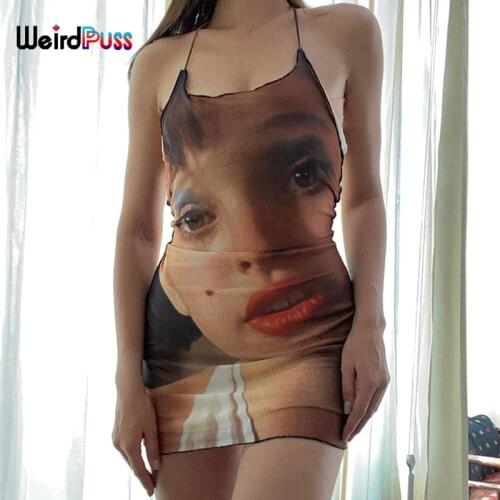 Weird Puss Aesthetic Printing Women Dress Sexy Lace Up Skinny Summer Sleeveless Elastic Bodycon Party Streetwear Thin Sundress