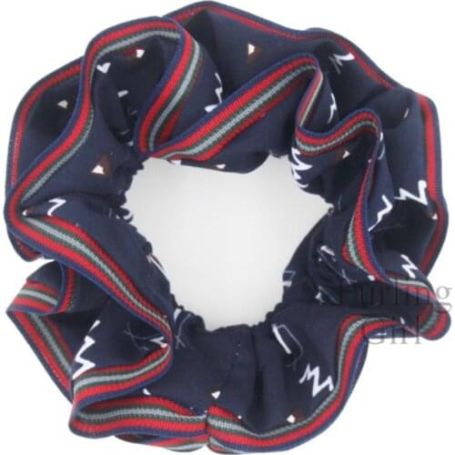 Furling Girl 1pc Geometric Pattern Cotton Hair Scrunchies with Striped Trim Women Ponytail Holder
