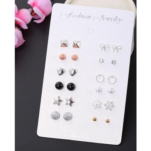 12 Pairs/Set, Htzzy New Fashion Stud Earrings for Women Creative Geometry Stars Heart Crystal Earrings Cute Earrings Set